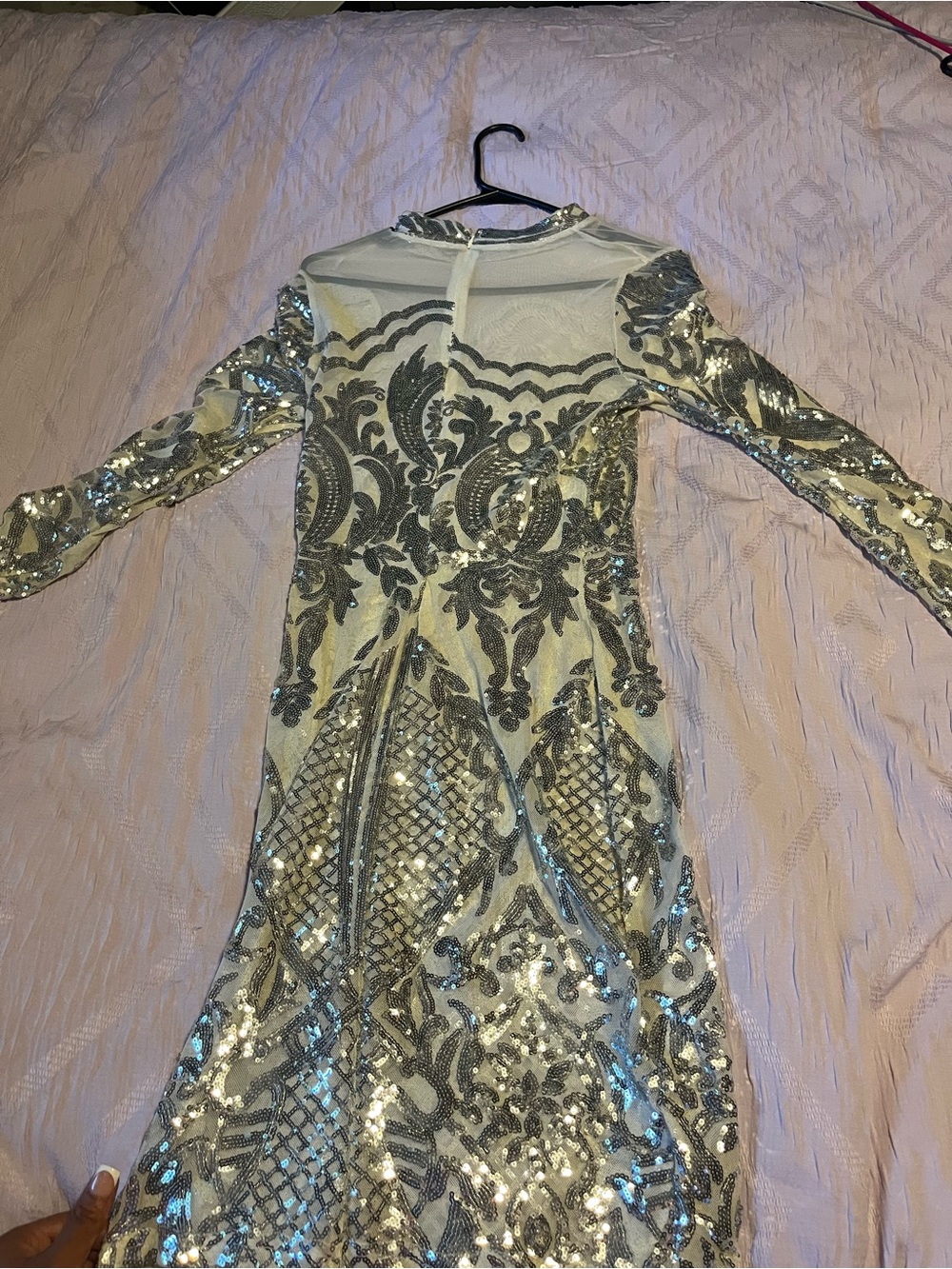 Fashion Nova Silver Sequin Long Sleeve Mesh Dress